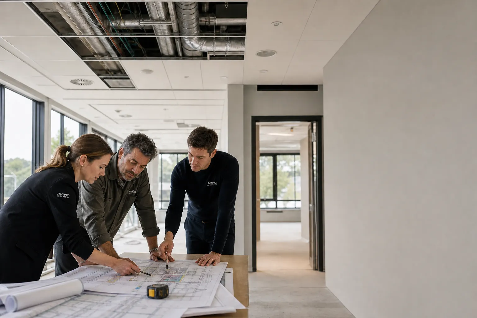 AMING team coordinating commercial design drawings with building services in an active tenancy