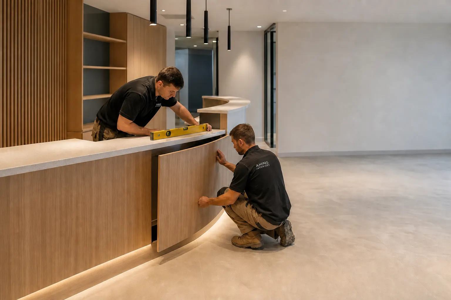 AMING installers fitting a curved custom commercial counter with solid-surface top