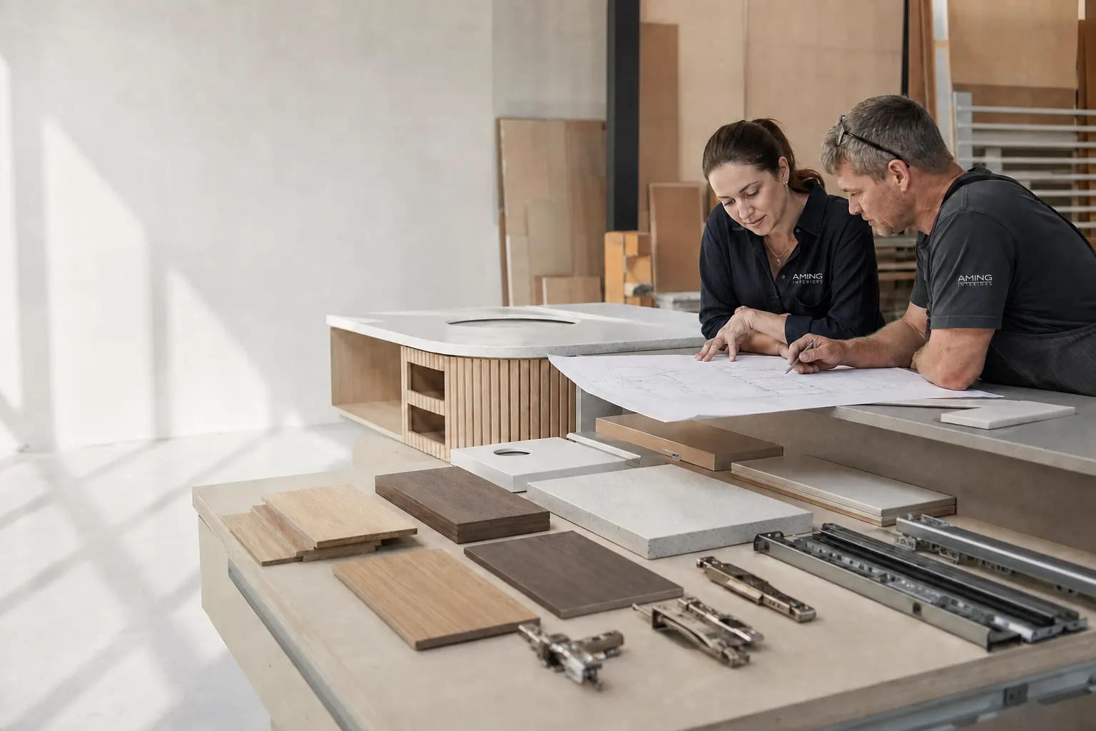 AMING team reviewing custom joinery drawings, hardware and commercial surface samples