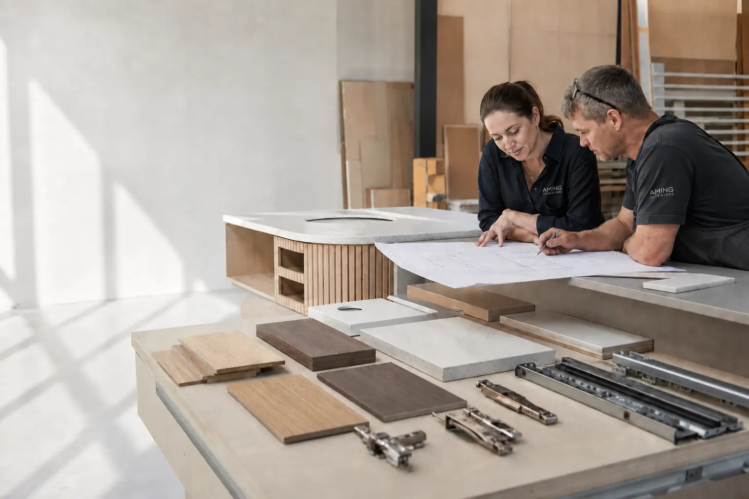 Concept illustration: team reviewing custom joinery drawings, hardware and commercial surface samples