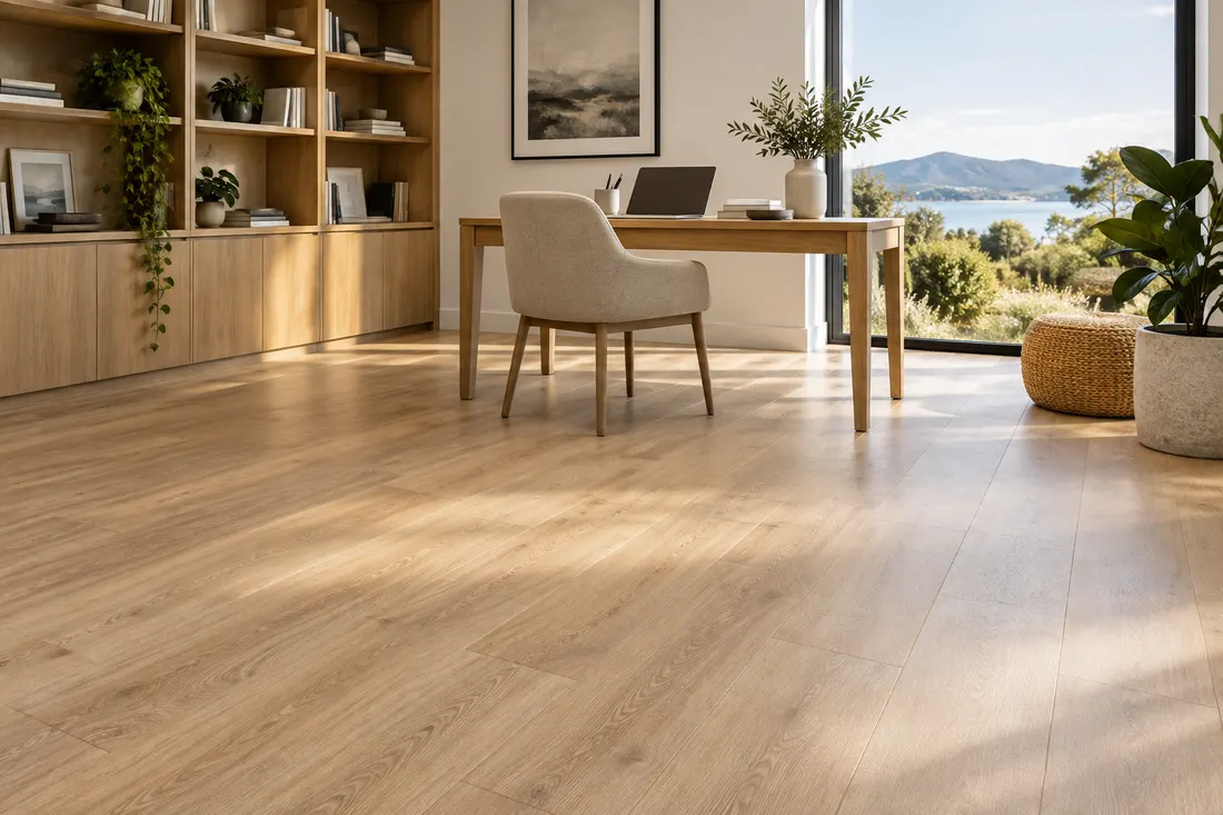 AI concept: oak-look laminate planks in a bright family study