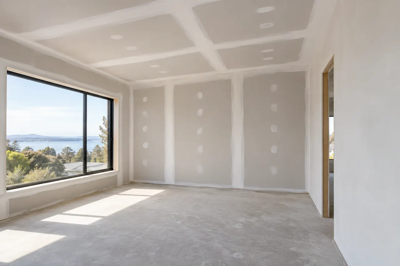 AI concept: plasterboard joint stopping beside a skim-coated wall ready for sealing