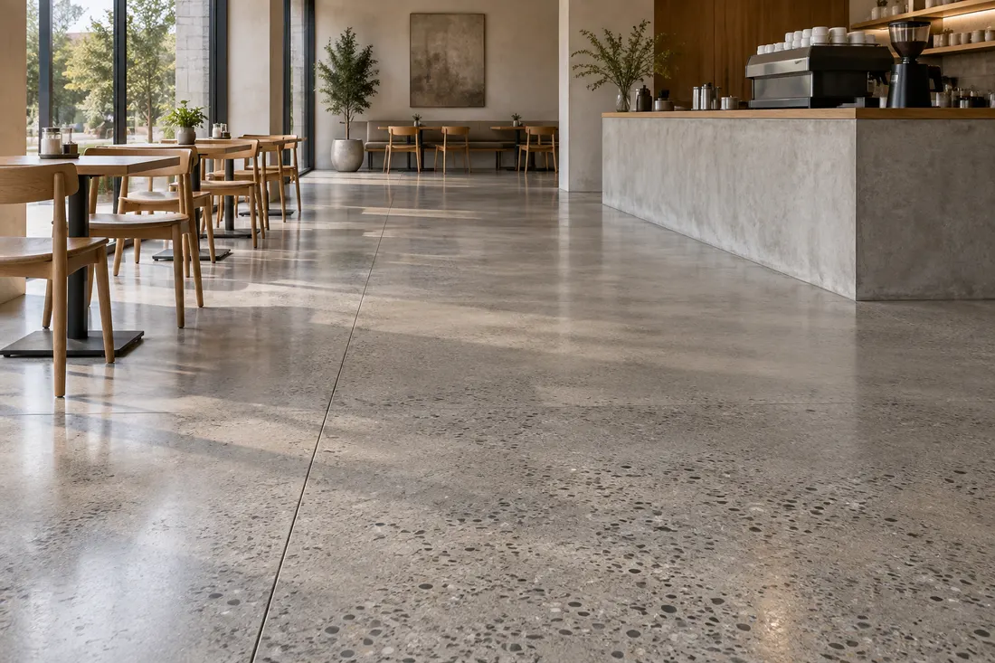 AI concept: exposed aggregate polished concrete floor with realistic joints in a cafe