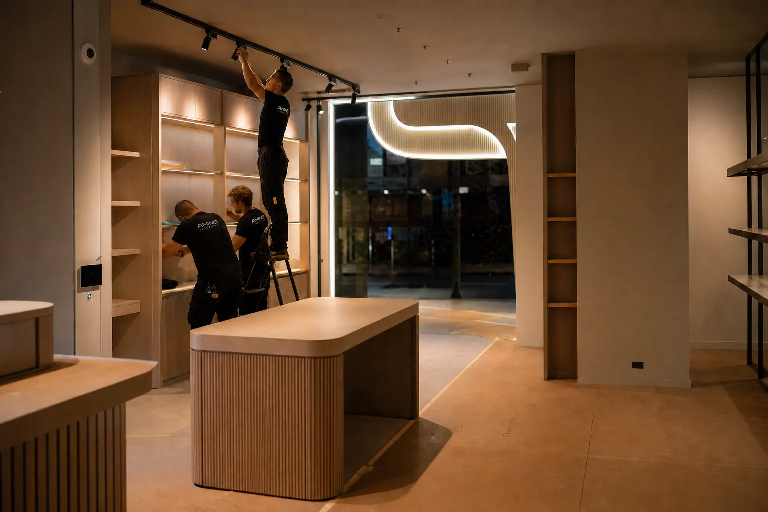 AMING crew coordinating display joinery, lighting and signage during a retail fit-out