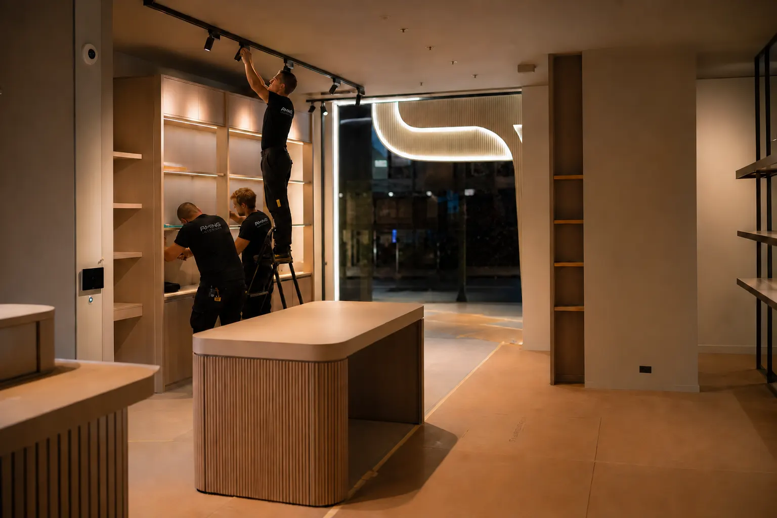 Concept illustration: crew coordinating display joinery, lighting and signage during a retail fit-out