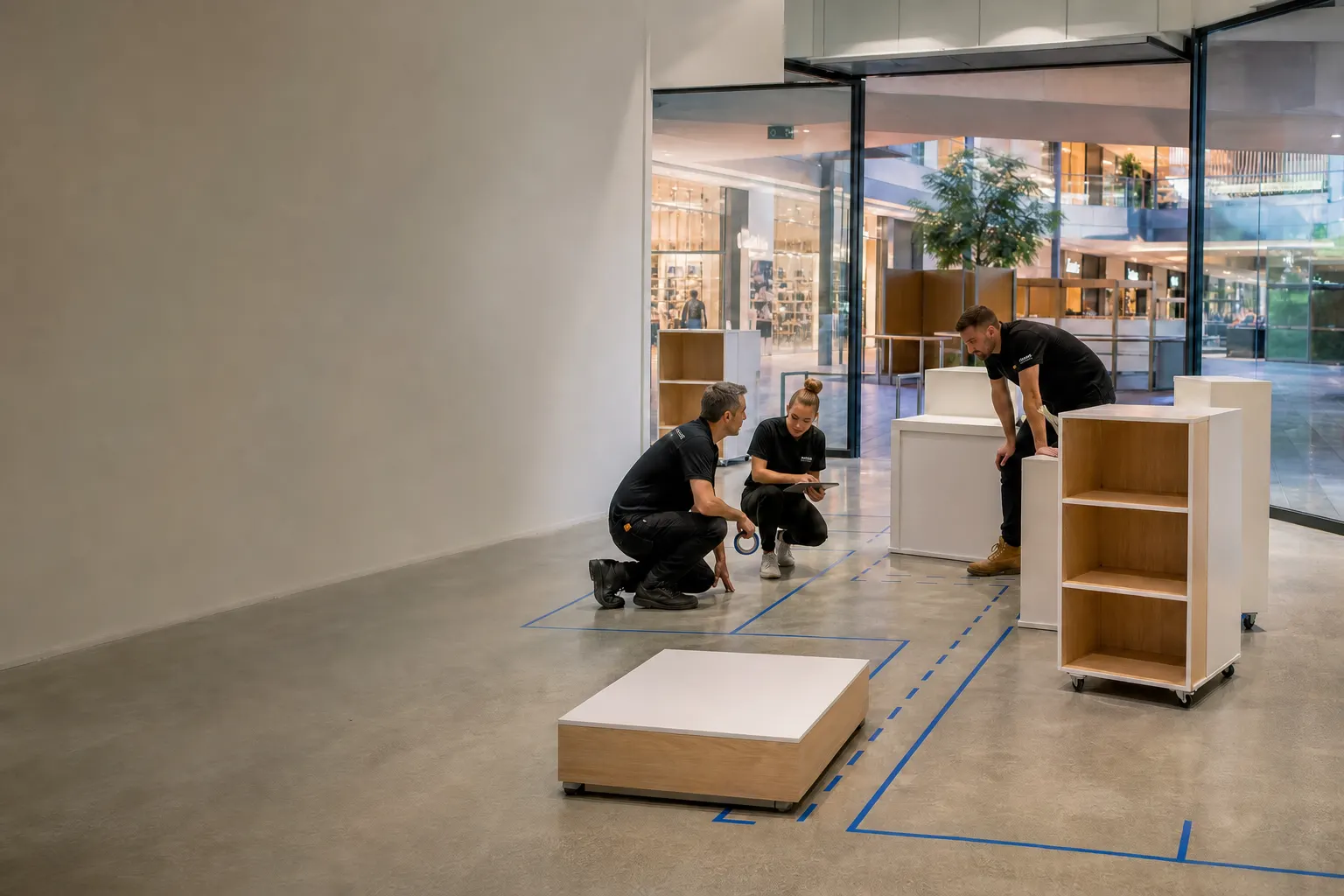 Retail team testing customer flow, display layout and shopfront sightlines in an empty tenancy