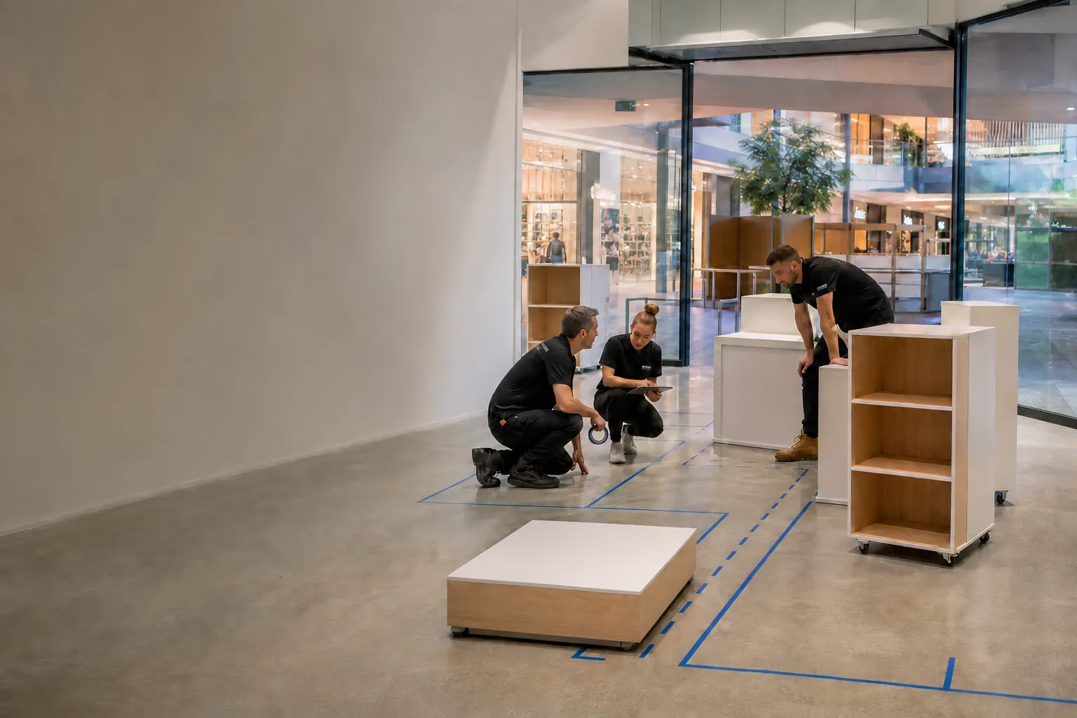 Concept illustration: Retail team testing customer flow, display layout and shopfront sightlines in an empty tenancy