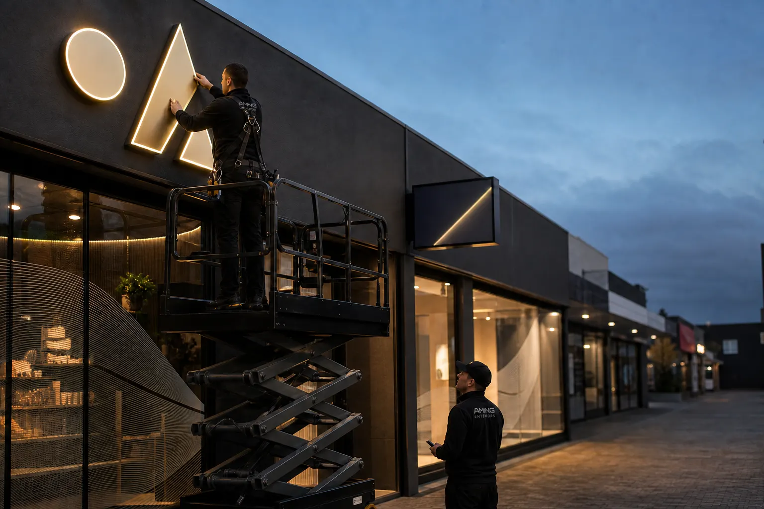 Signage installers mounting illuminated abstract letters on a completed commercial shopfront