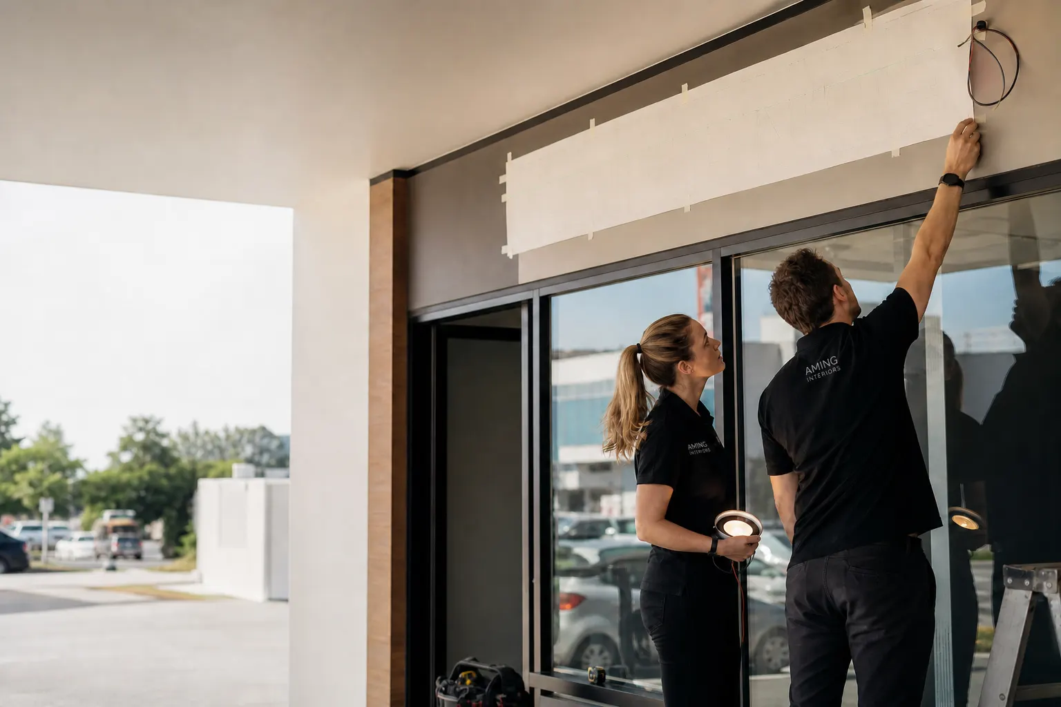 Signage team checking a full-size shopfront mounting template and electrical route