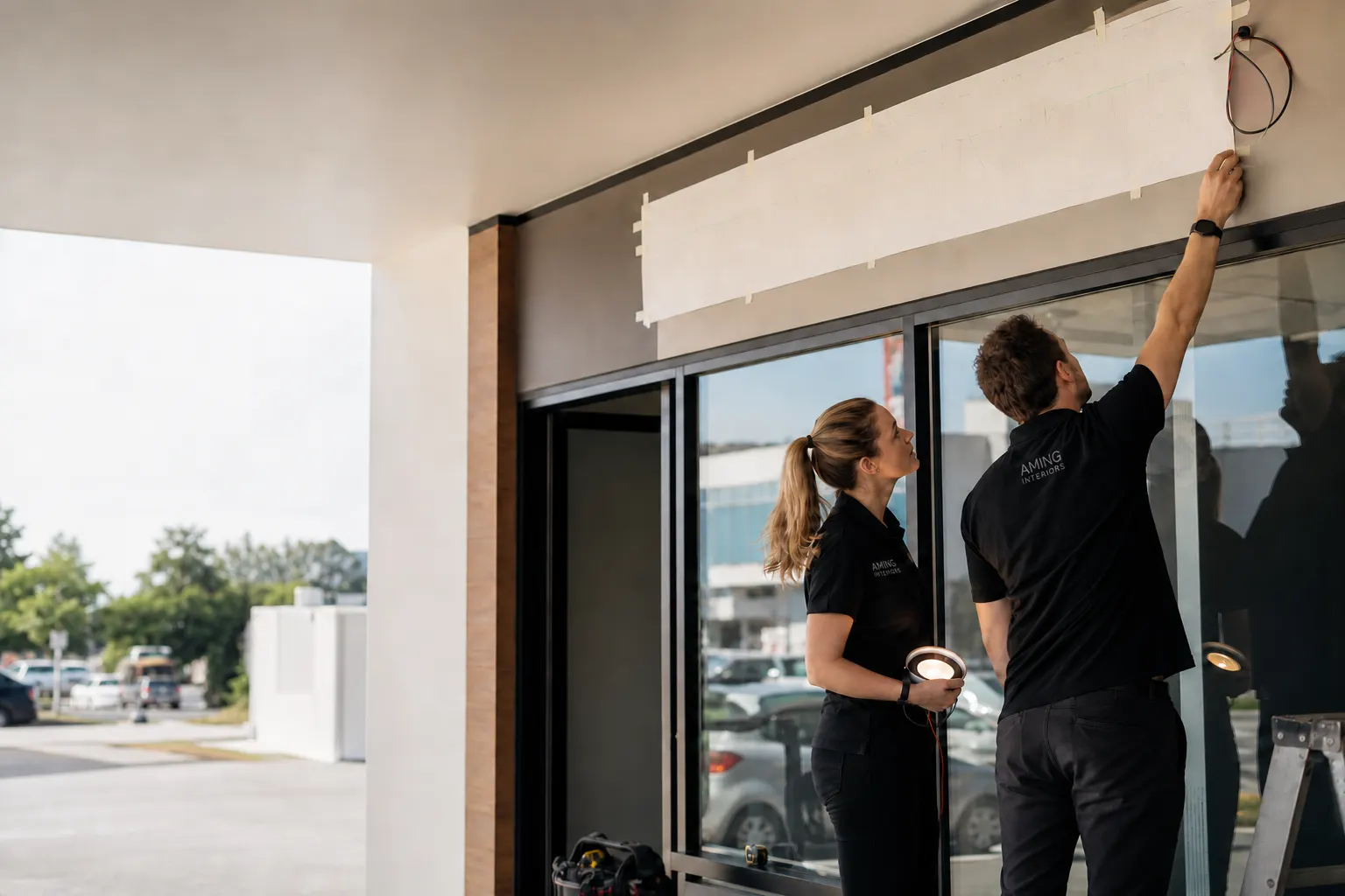 Concept illustration: Signage team checking a full-size shopfront mounting template and electrical route