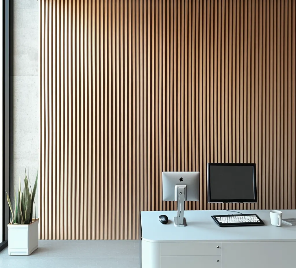 Timber-look vertical slat wall behind a contemporary commercial workstation