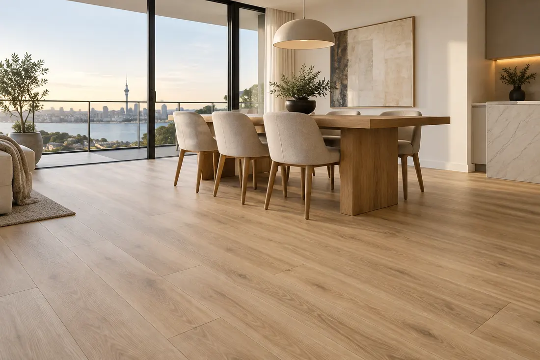 AI concept: light oak-look SPC planks across an apartment dining area