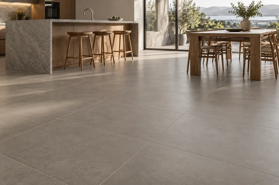 AI concept: large matte porcelain floor tiles with regular grout joints in a kitchen