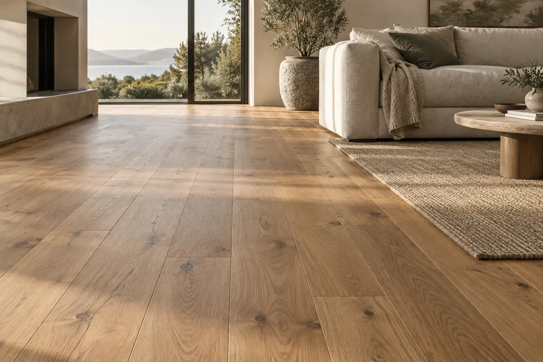 AI concept: natural oak timber boards with varied grain in a residential living room