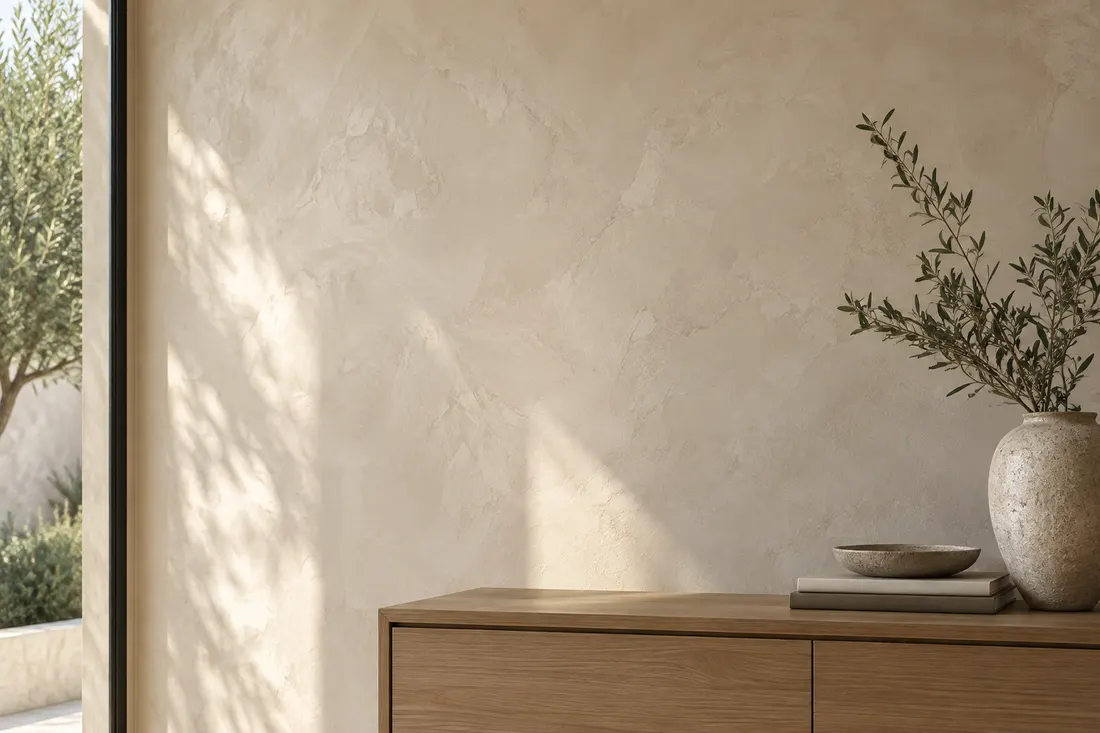 AI concept: smooth burnished Venetian plaster with subtle layered trowel movement