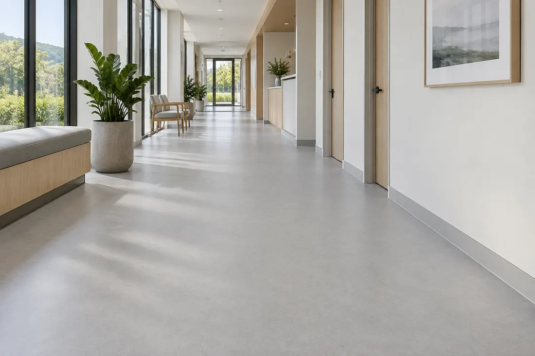 AI concept: matte sheet vinyl flooring in a commercial clinic corridor